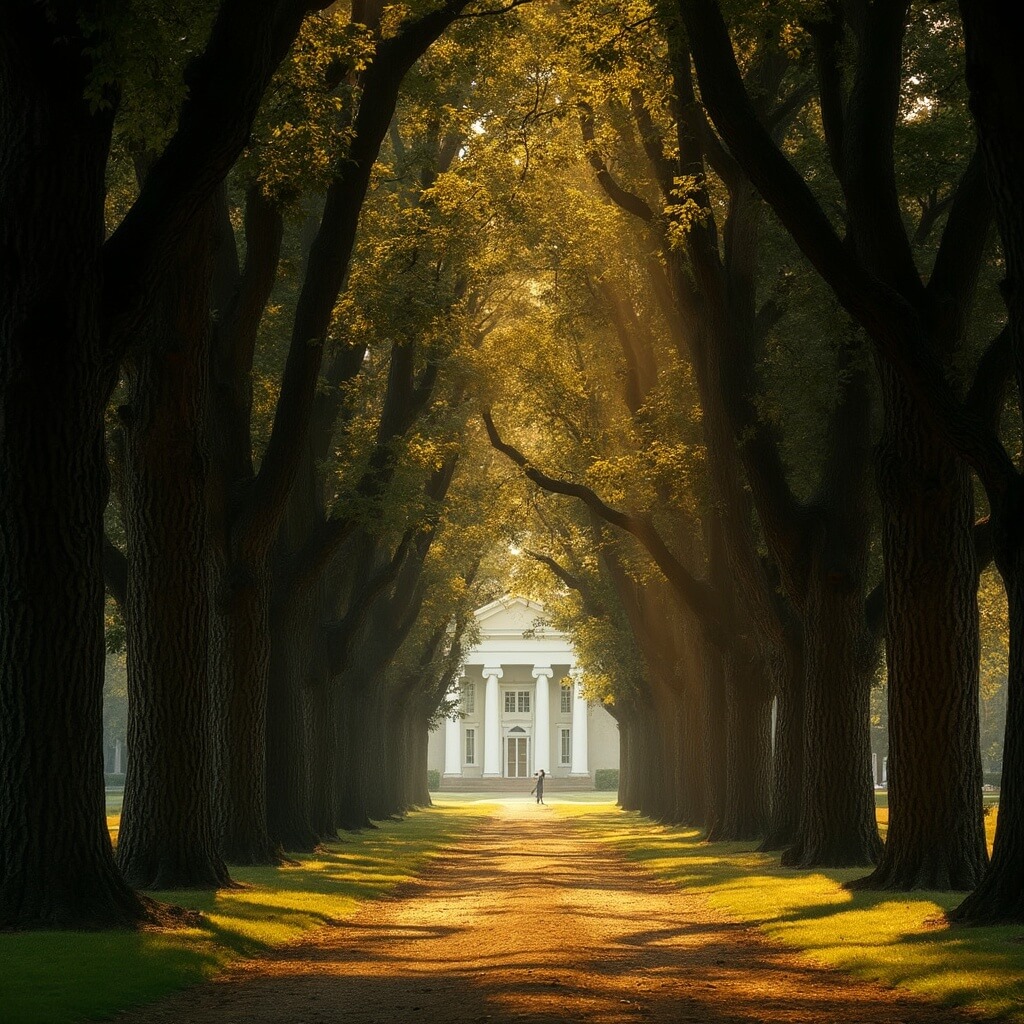 Sunlit oak tree pathway leading to a distant Greek Revival mansion, creating a cathedral-like perspective, with no people visible