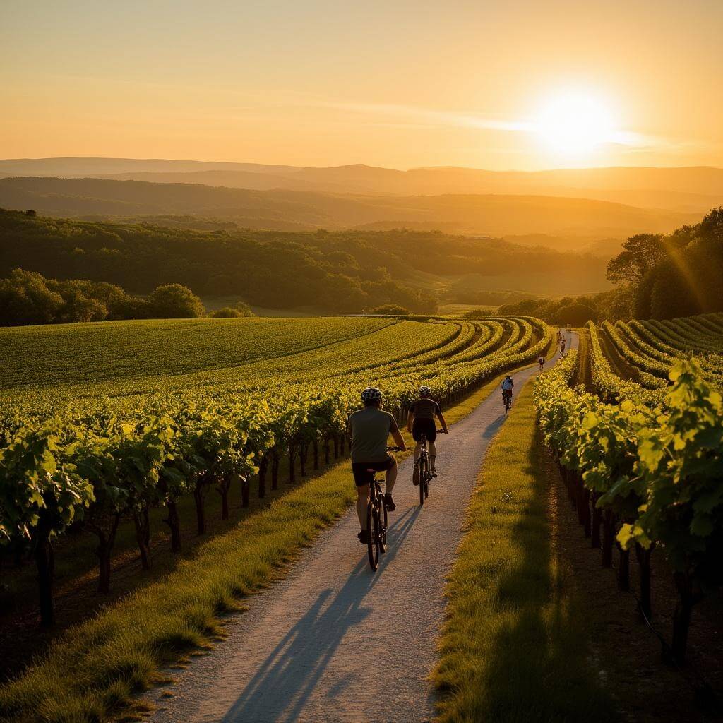 Cyclists on crushed limestone Katy Trail amidst golden vineyards of Hermann Wine Region at sunset
