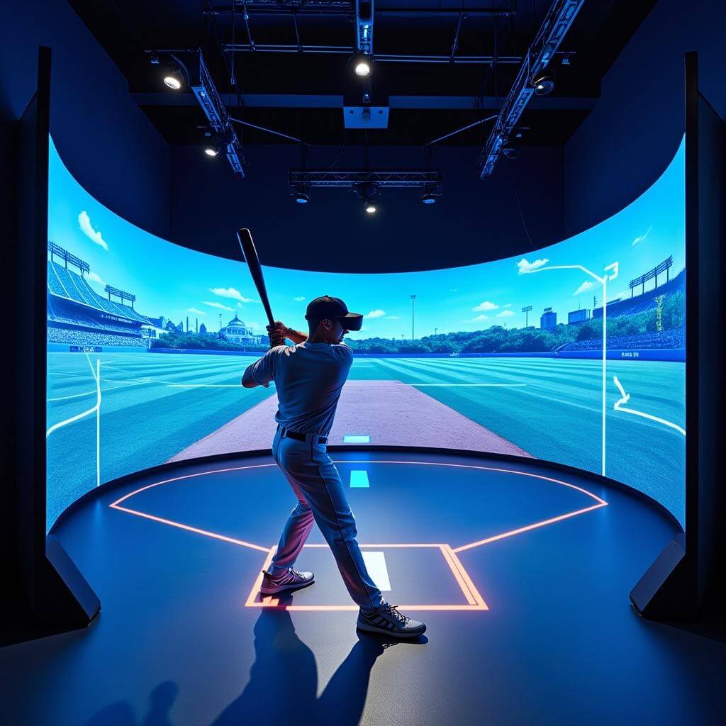 Player in a modern batting simulation with VR equipment, LED screens showing pitch trajectories, and motion capture sensors, illuminated with cool blue lights for a high-tech ambiance