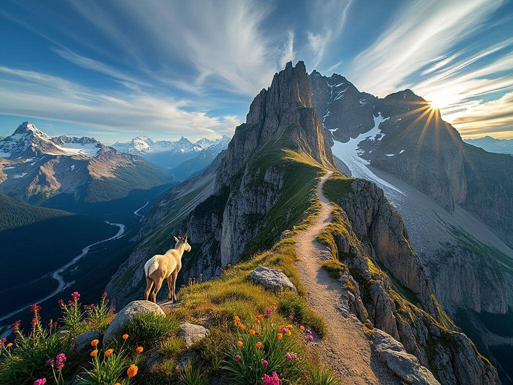 "Mountain goat near the Highline Trail in Glacier National Park with wildflowers in foreground, snow-capped peaks in background, and dramatic blue sky above"