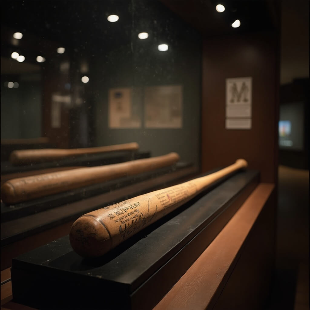 Babe Ruth's historic baseball bat on display in soft, reverent museum lighting showcasing its wear marks