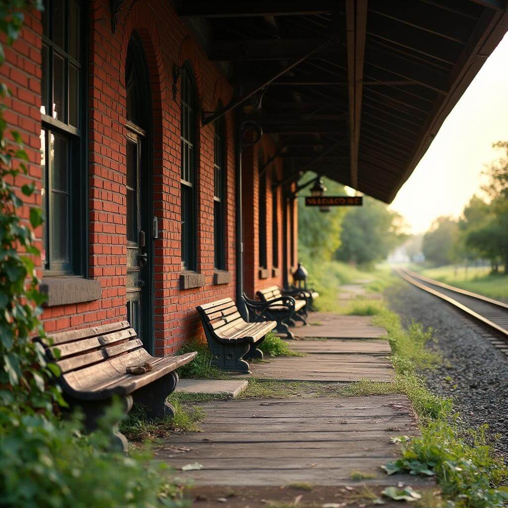 Historic red-brick train depot converted into a trail rest stop in Boonville, featuring weathered benches, railroad artifacts, and green vegetation, captured in morning light