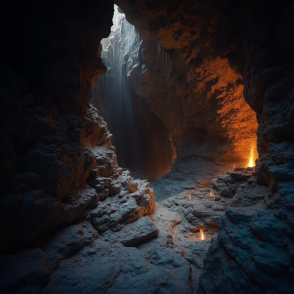 Detailed interior of a volcanic cave with textured rock walls illustrating color variations under soft ambient light, focusing on unique geological patterns and smooth lava-carved surfaces