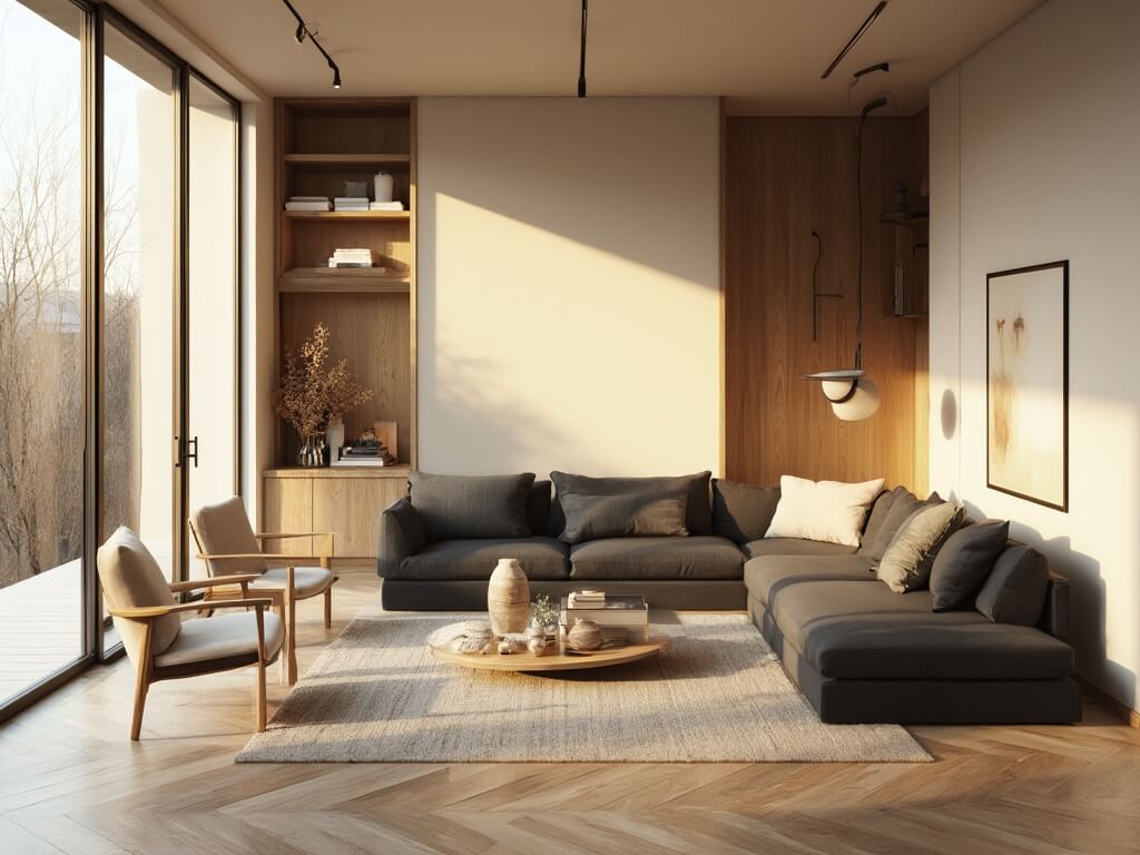 "Serene Japandi living space with natural light, minimalist furniture and decor, blending Japanese minimalism and Scandinavian functionality, captured at golden hour."