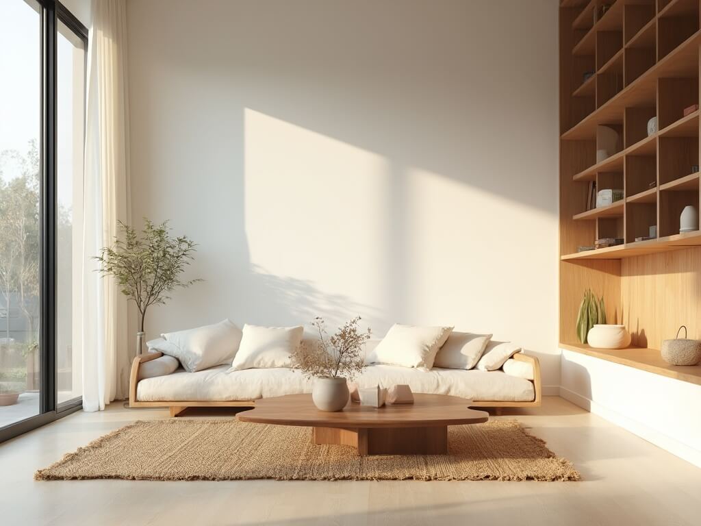 "Serene Japandi living room with neutral color palette and minimalist interior design"
