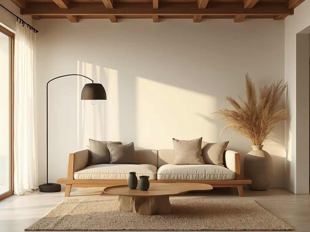 "Serene Japandi living room with natural light, teak sofa, oak coffee table, textural accents, and exposed wooden beams, shot in 8K architectural photography style"