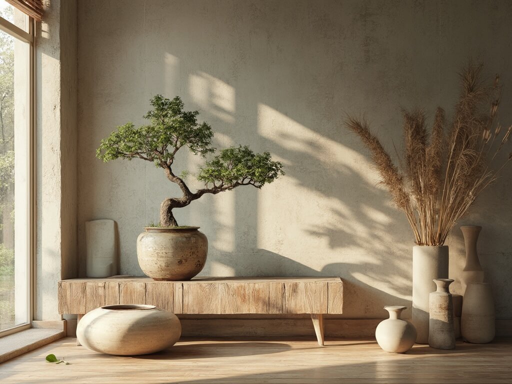 "Minimalist living room featuring a Japanese maple bonsai, dried pampas grass, and preserved eucalyptus branches in handmade vessels, bathed in soft morning light filtered through bamboo blinds."