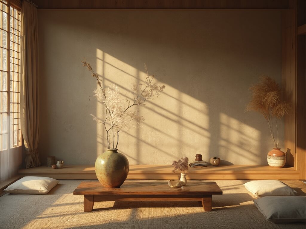 "Serene Japanese-inspired living room at golden hour with shoji screens, vintage wooden chabudai table, kintsugi-repaired vase with ikebana arrangement, earth-toned linen floor cushions, and copper accessories"