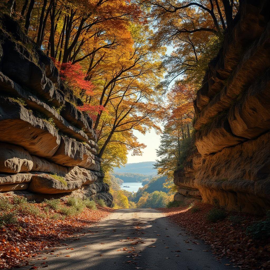 Autumn view of Katy Trail with a natural tunnel of overhanging trees, limestone cliffs, glimpses of the Missouri River, and sunlight patterns on the pathway