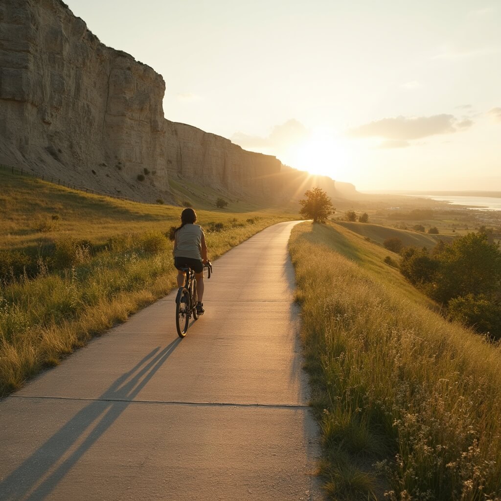 Cyclist on Katy Trail at golden hour with limestone bluffs and Missouri River in background