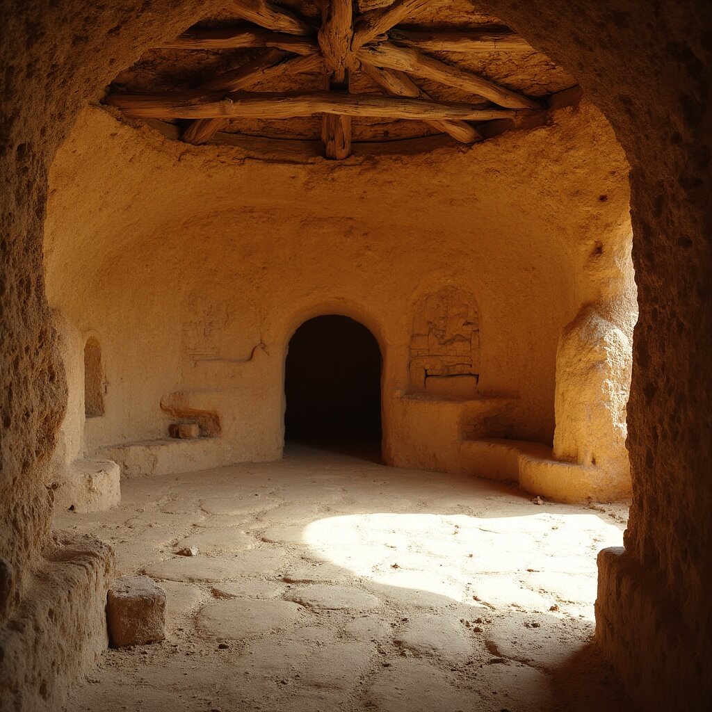 Close-up view of a traditional kiva interior with warm earthen tones, wooden beams, and intricate stonework
