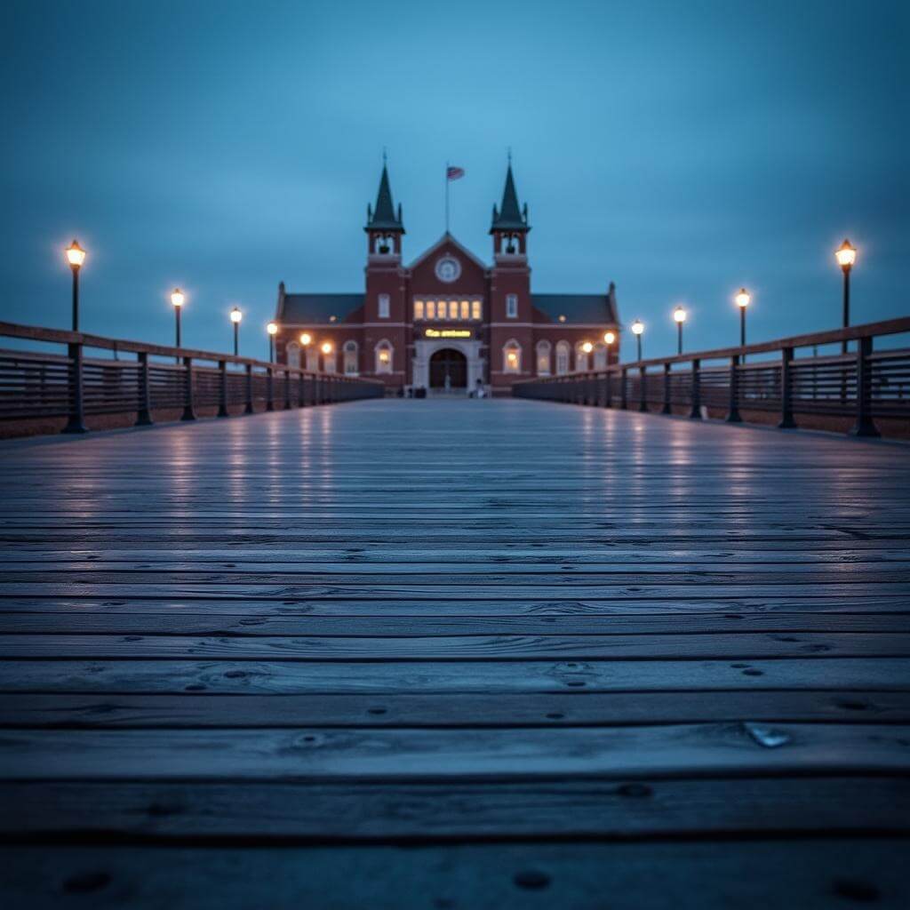 Early morning view of Korean War Veterans Memorial on boardwalk, Boardwalk Hall in the background, textured wooden planks leading the way
