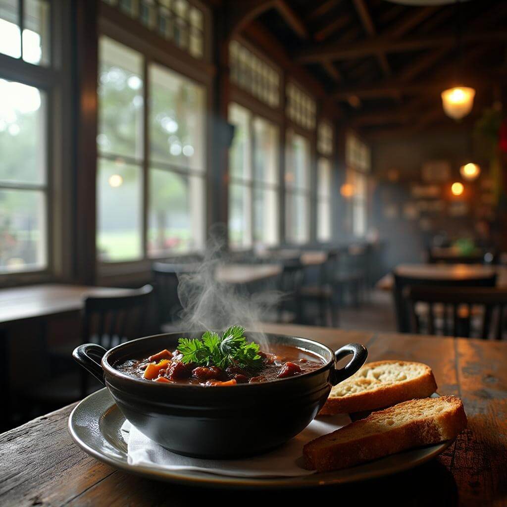 Louisiana restaurant interior with a bowl of gumbo, French bread and natural light streaming through windows