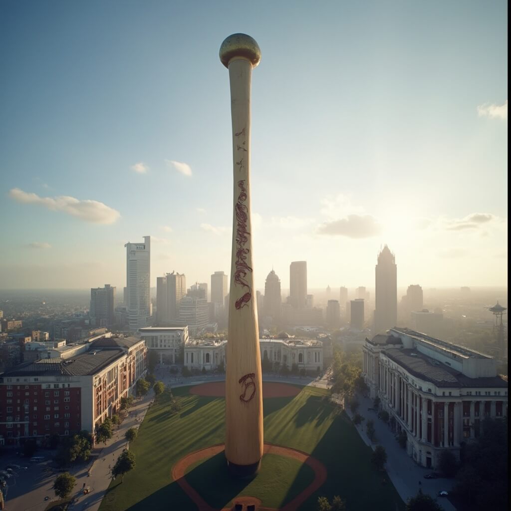 Massive 120-foot-tall baseball bat landmark towering over Louisville skyline in soft morning light