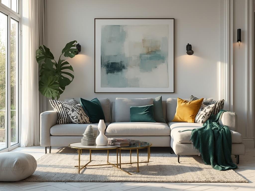 "Modern living room with grey velvet sofa, jewel toned pillows, Moroccan rug, and brass tables, bathed in natural sunlight from floor-to-ceiling windows"