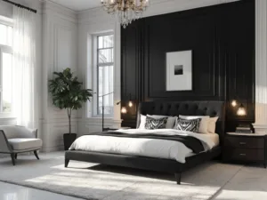 "Luxurious monochrome master bedroom with black accent wall, white bedding, herringbone flooring, and modern decor bathed in golden hour lighting"