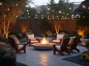 "Luxurious backyard with fire pit, Adirondack chairs, string lights, sculptural succulents, stone patio, water feature, and copper accent lighting"