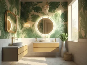 "Luxurious, compact bathroom with botanical wallpaper, marble fixtures, and golden hour lighting"