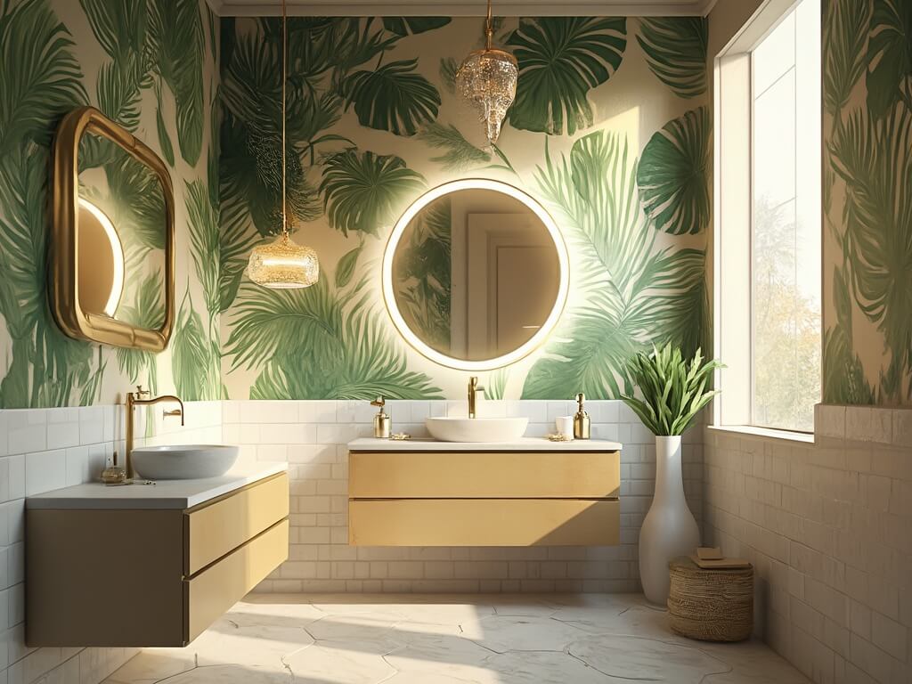 "Luxurious, compact bathroom with botanical wallpaper, marble fixtures, and golden hour lighting"