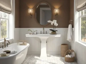 "Luxury small bathroom with Swiss Coffee painted walls, white marble floor, pedestal sink, brass fixtures, and decorative elements including crystal sconces, phalaenopsis orchid and artisanal soap"