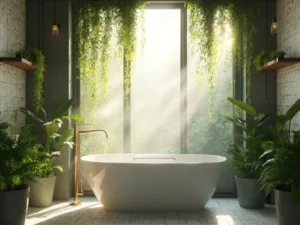 "Luxury botanical bathroom retreat with hanging Boston Ferns and Pothos vines, white porcelain bathtub, natural brass fixtures, and matte black accents in morning sunlight"