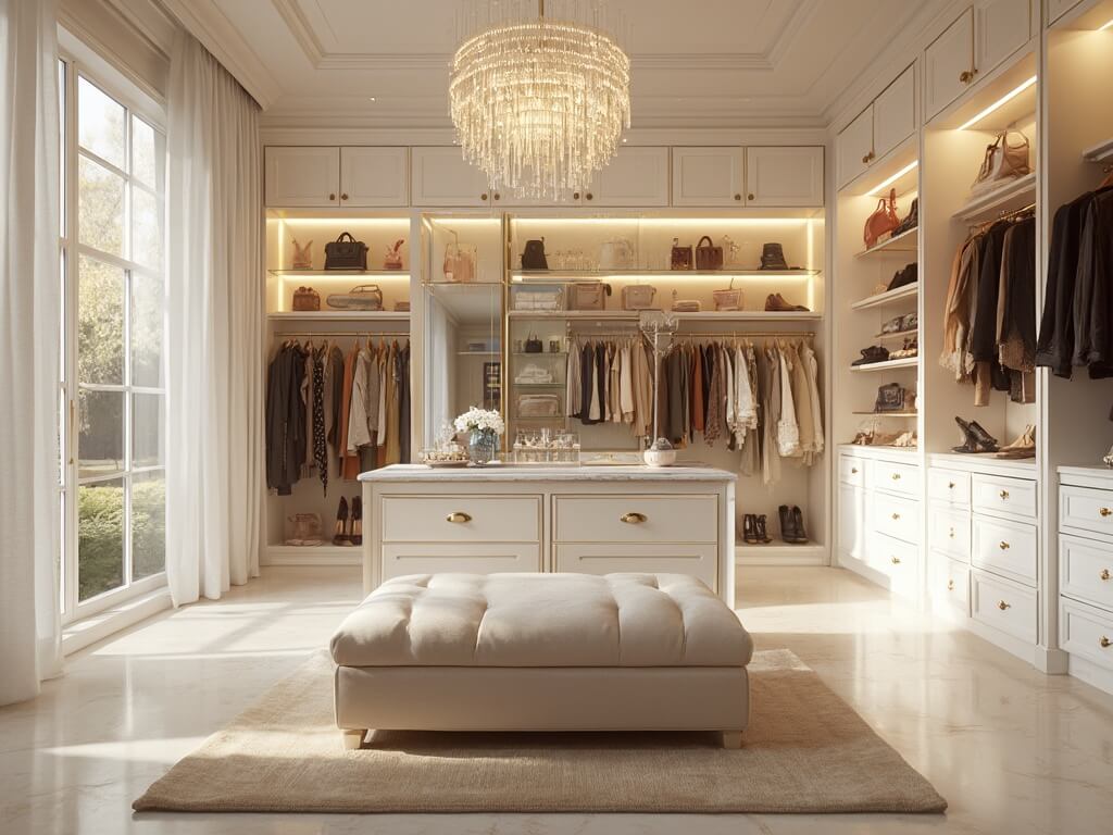 "Luxurious walk-in closet featuring white cabinets, marble-topped island, LED shoe shelves, and designer handbags display with golden hour lighting."