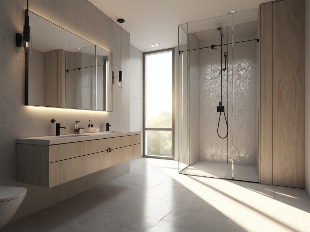 "Luxury minimalist bathroom design featuring a glass walk-in shower and white oak vanity under morning light"