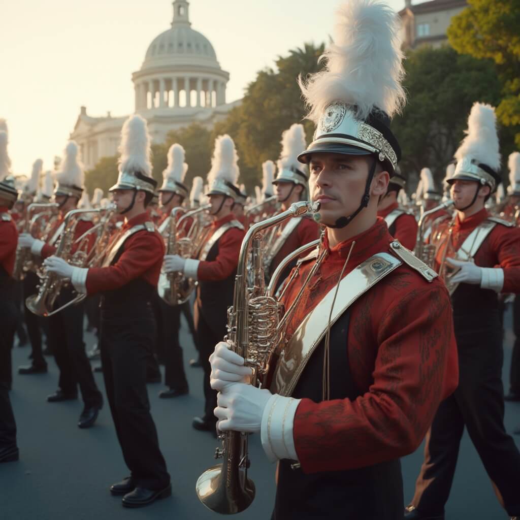 Marching band performing in formation at dawn with Pasadena architecture in the background