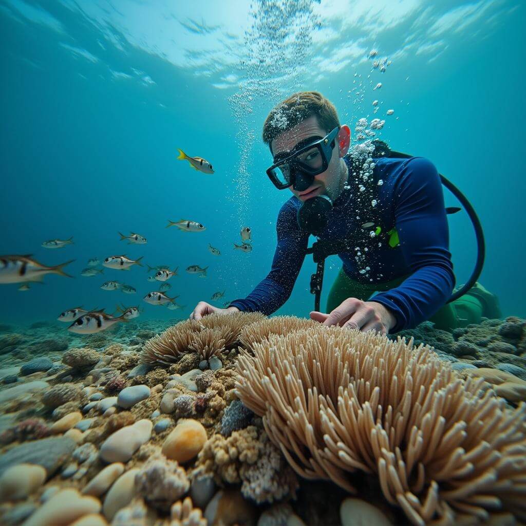 Marine biologist working on coral reef restoration underwater with small fish and rising bubbles in clear blue water