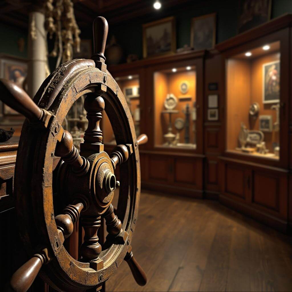 Museum's artifact room with ship's wheel and maritime artifacts under warm lighting
