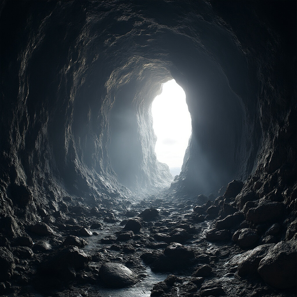 Sunlight filtering through the entrance of a massive lava tube cave, highlighting jagged rock formations and underlining the geological mystery of the volcanic terrain