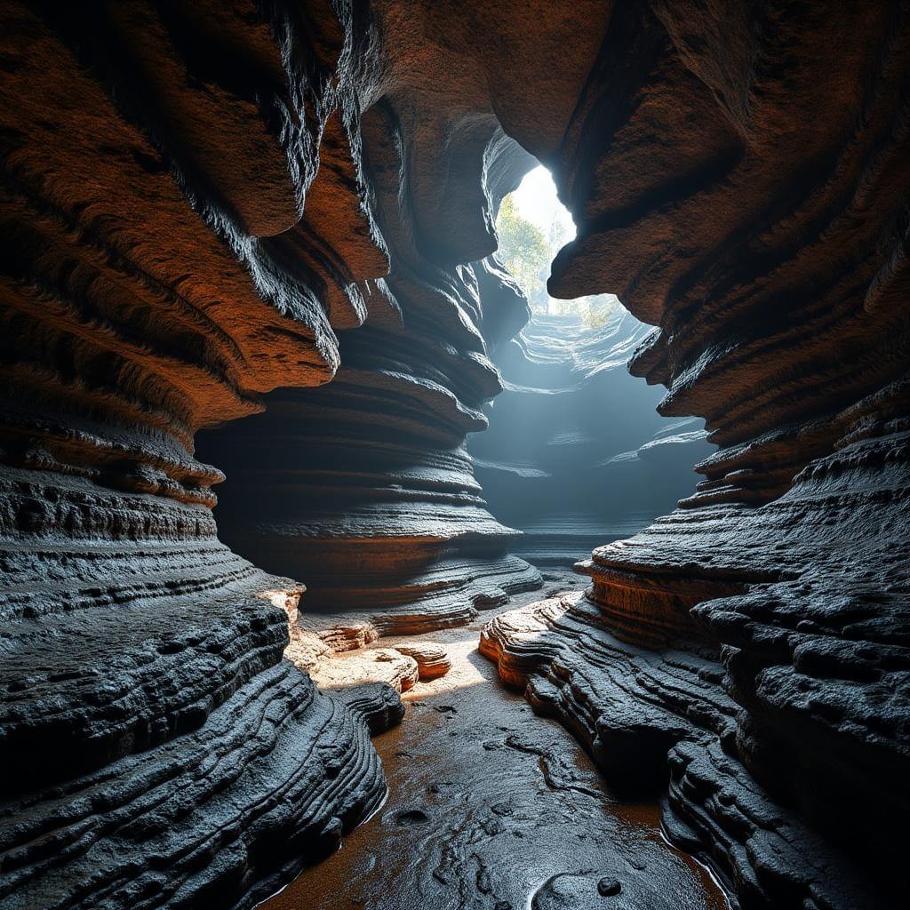 Dramatic underground lava tube chamber with clear volcanic flow patterns, natural light illuminating multi-levelled rock shelves and deep shadows highlighting geological layers.