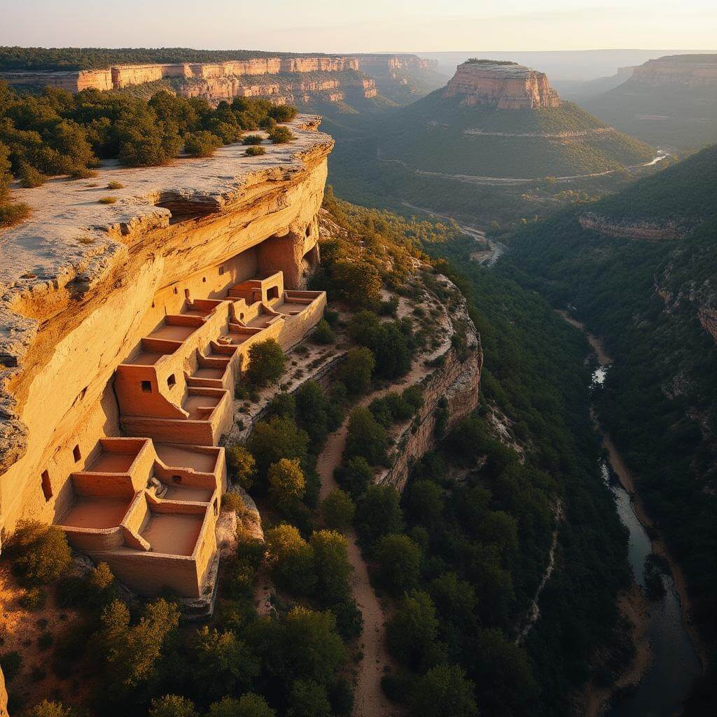 Aerial view of Mesa Verde landscape at golden hour, highlighting the network of canyons, dense forest, and cliff dwellings
