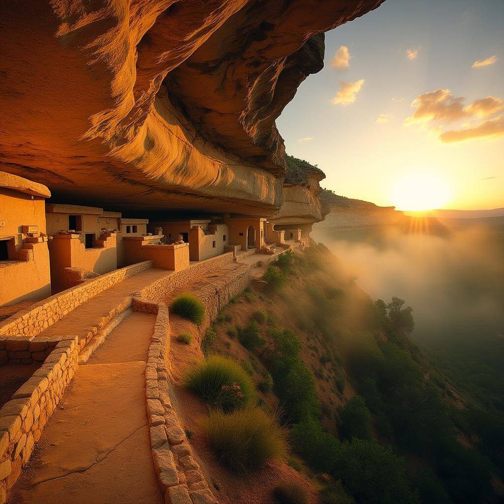 Golden sunrise over Mesa Verde's ancient cliff dwellings with morning mist in valleys