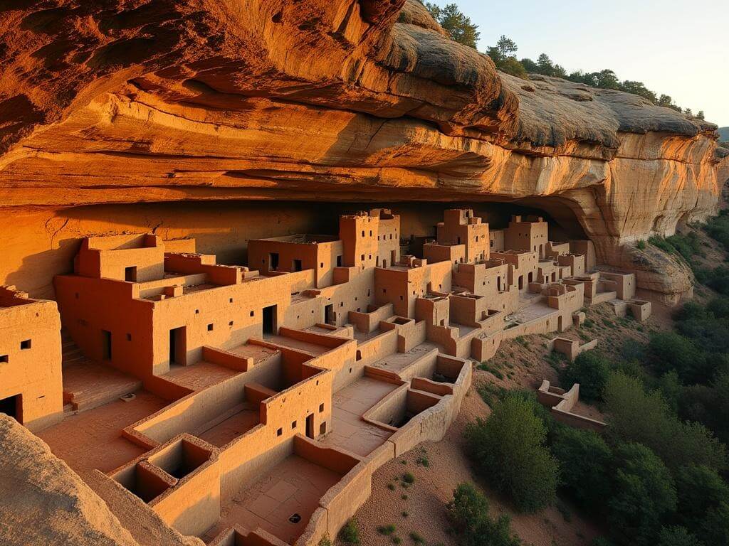"Ancient multi-level cliff dwellings at Mesa Verde during sunrise, highlighting intricate stonework, wooden beams, kivas, and integration with natural cliff face."