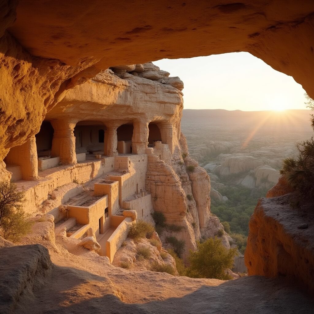 Mesa Verde cliff dwellings at sunrise, highlighting ancient stone structures in sandstone alcoves