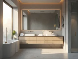 "Scandinavian minimalist designed luxury bathroom with floating vanity, glass shower enclosure, and natural lighting"