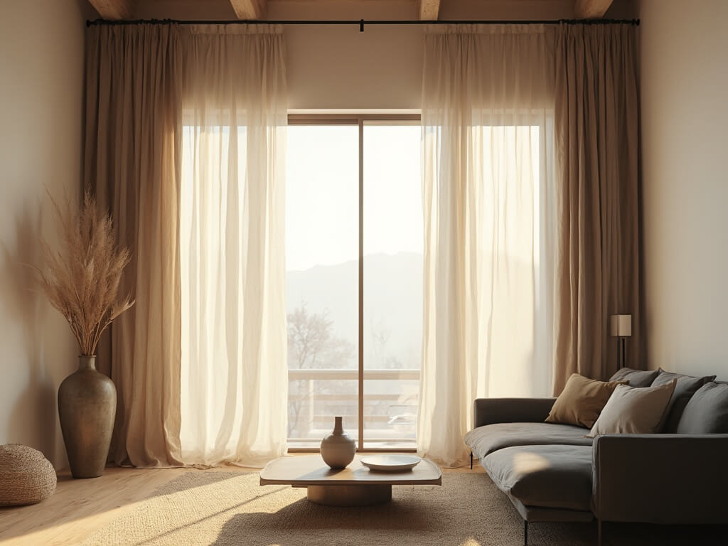 "Sunlit minimalist living room with floor-to-ceiling windows, earth-toned linen curtains, low-profile charcoal sofa, bleached oak coffee table with ceramic vessels, and dried pampas grass in bronze vase"