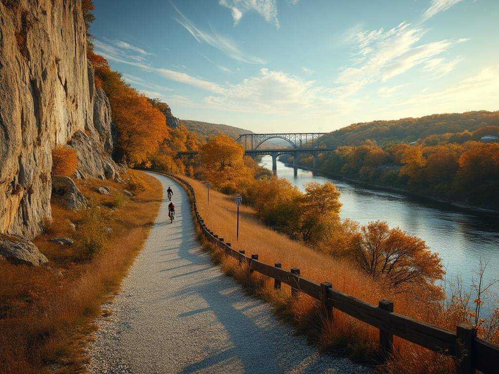"Cyclists on a trail through Missouri's vibrant landscape featuring a limestone bluff and river, fall foliage, a distant railroad bridge, and vintage railroad artifacts in golden afternoon light."