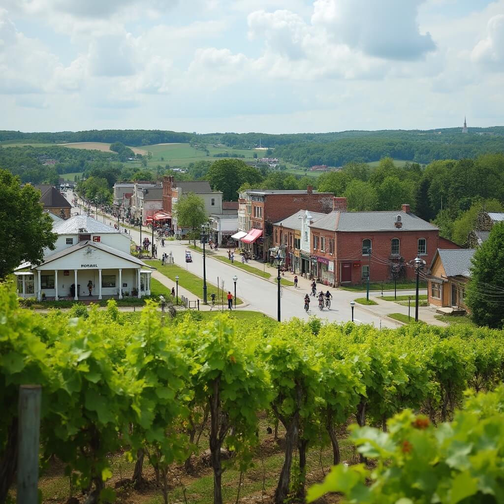Panoramic shot of a historic Missouri town on the Katy Trail featuring local vineyards, historic buildings, and passing cyclists