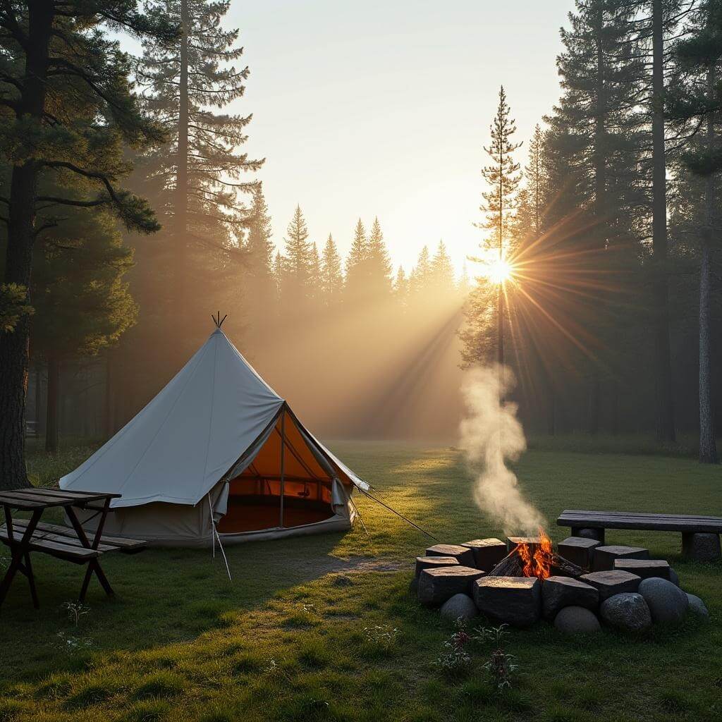 Dawn at a serene wilderness campsite with canvas tent, fire pit, wooden bench and sunlight peeking through surrounding pine trees