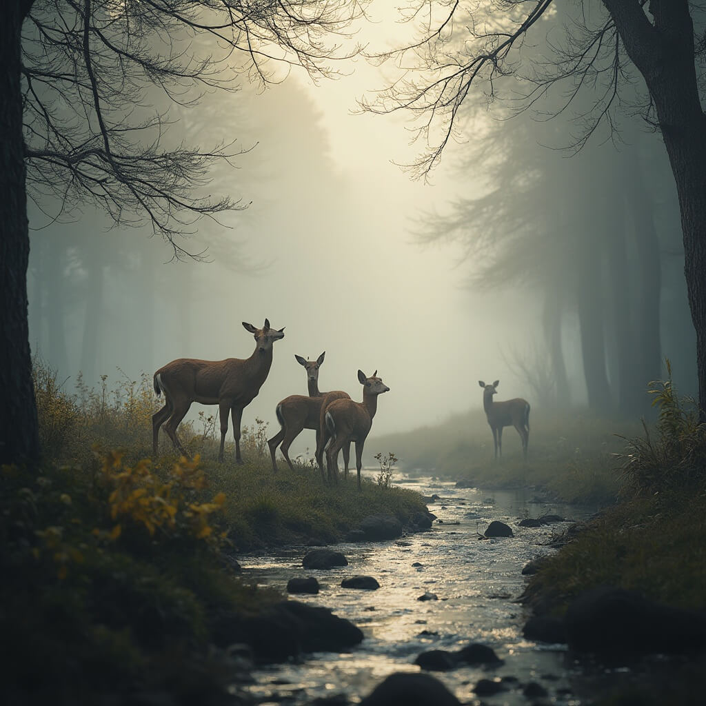 White-tailed deer family in a misty woodland clearing next to a creek with soft morning light