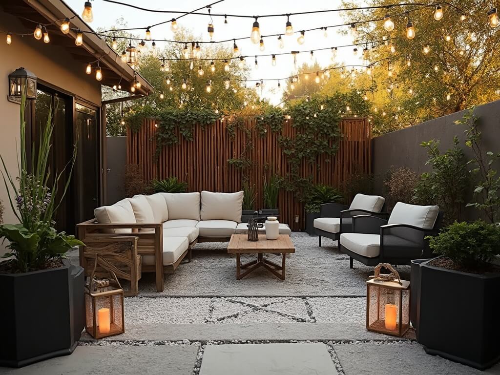 "Modern backyard patio with granite gravel, charcoal gray sectional, teak furniture, string lights, and architectural plants at golden hour"