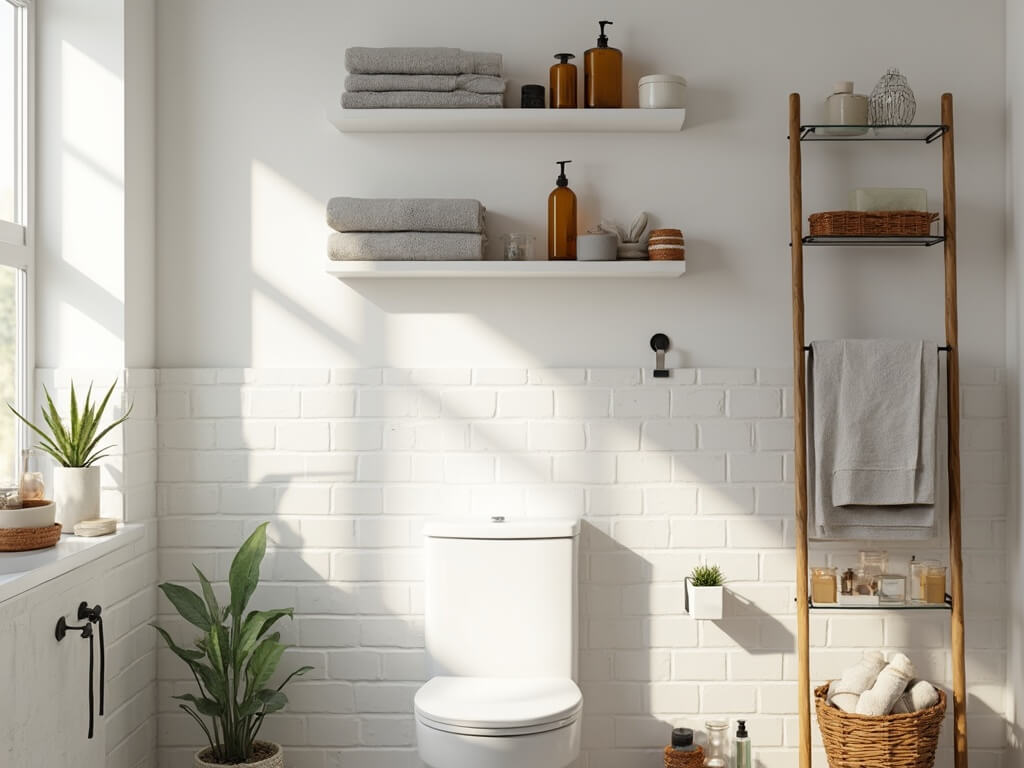 "Modern small bathroom with white floating shelves, bamboo ladder shelf, and brass tiered shelf unit, styled with towels and plants, accentuated by natural morning light."