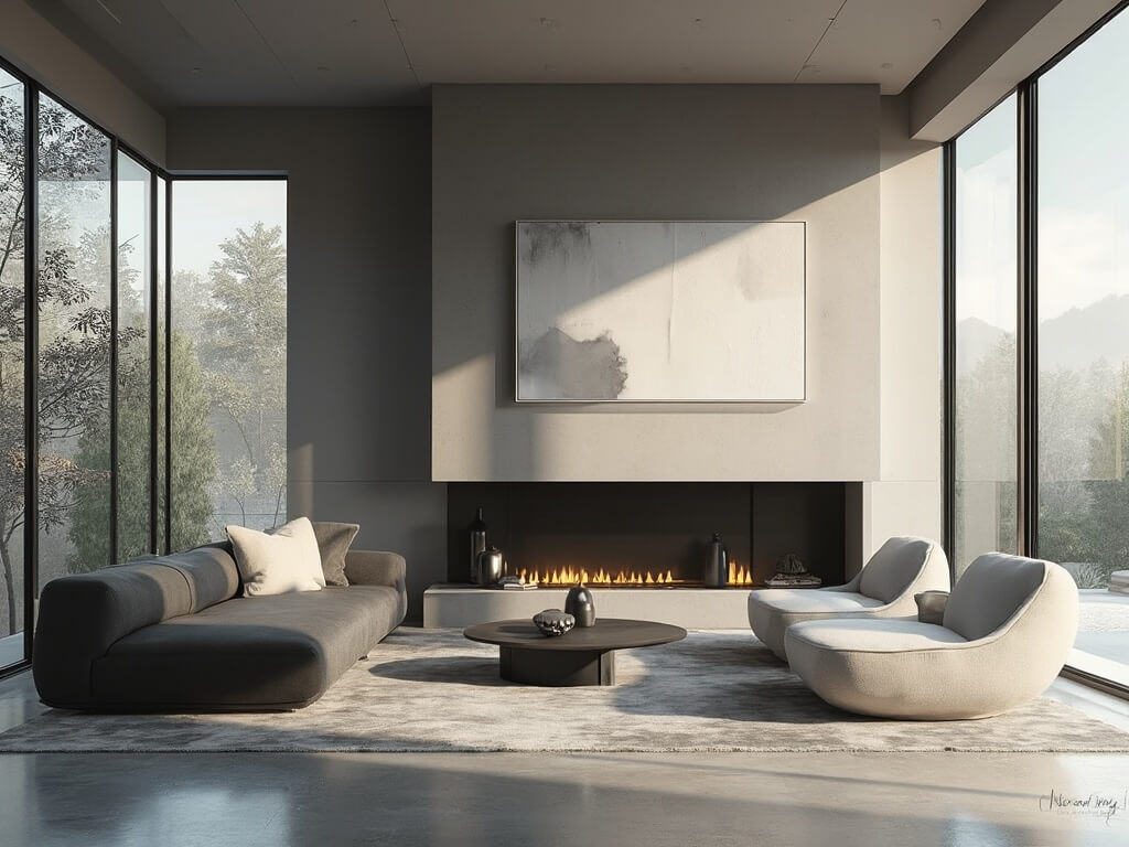 "Modern minimalist living room with sleek concrete fireplace, charcoal sectional sofa, ivory accent chairs, and large grayscale abstract canvas"