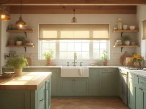"Sunny farmhouse kitchen with sage green cabinets, wooden ceiling beams, butcher block island, and white oak herringbone flooring"