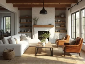 "Sunlit modern farmhouse living room with cream sofa, vintage rugs, reclaimed wood coffee table, whitewashed brick fireplace, leather chairs, wooden beams, black pendant lights, and minimalist oak shelves."
