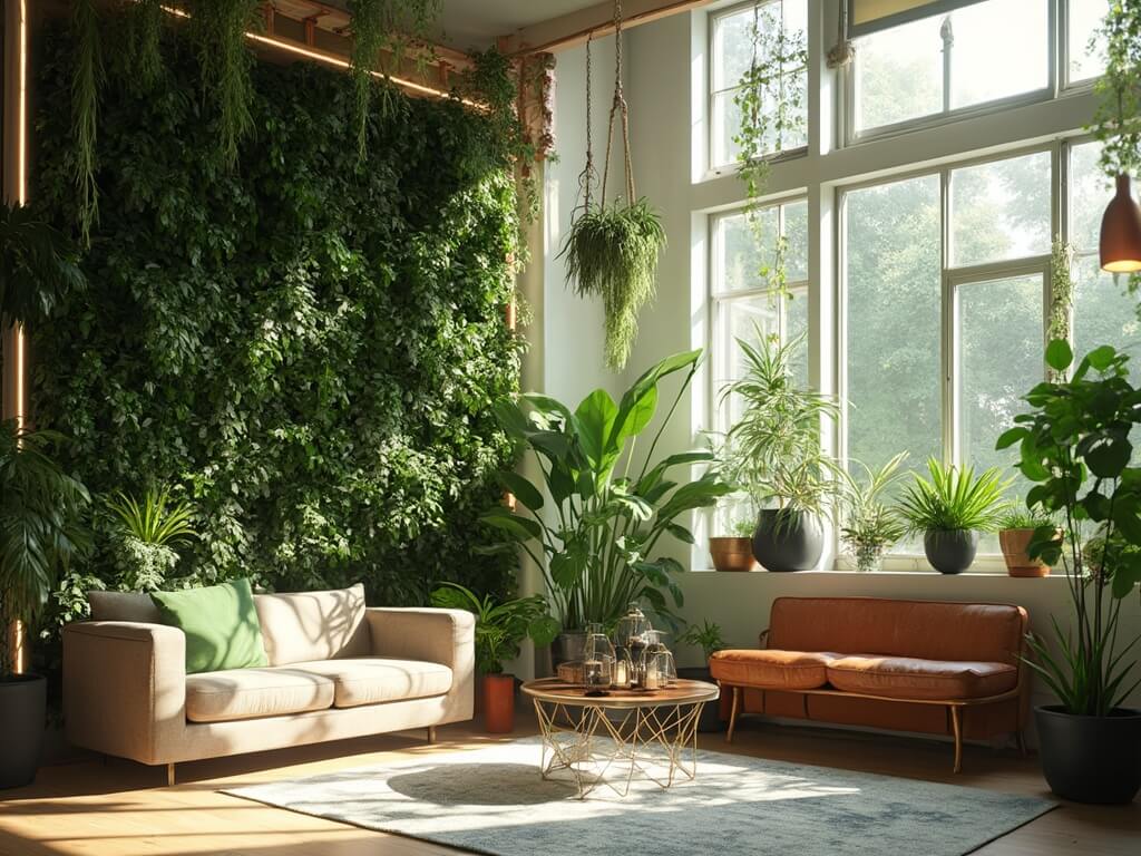 "Sunlit modern living room transformed into an indoor garden with a vertical foliage wall, mid-century furniture, and an array of plants in terracotta and black ceramic planters"