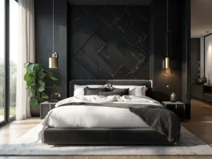 "Modern minimalist black and white bedroom with geometric accent wall, king-size bed, brass pendant lights, and fiddle leaf fig plant in soft morning light"