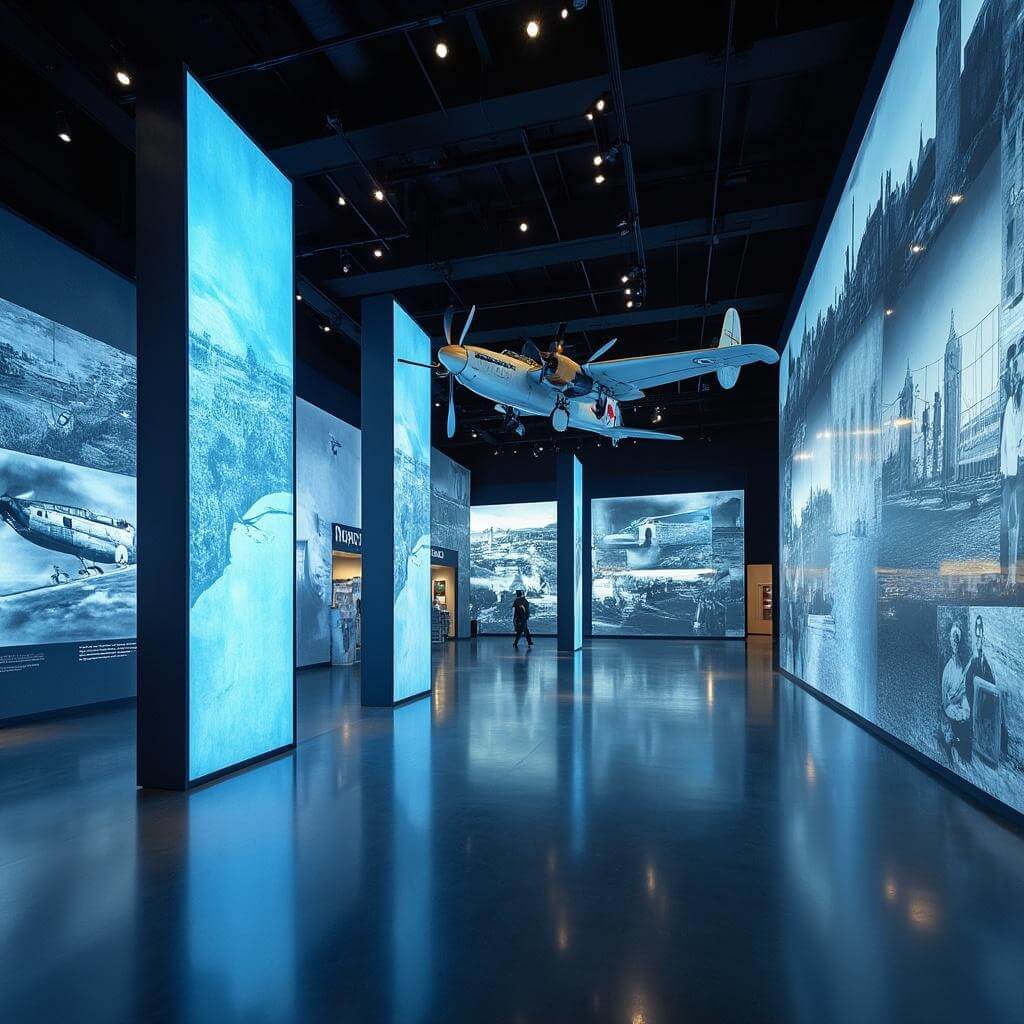 Modern museum with tall interactive digital screens displaying historical content and a vintage WWII aircraft hanging from the ceiling